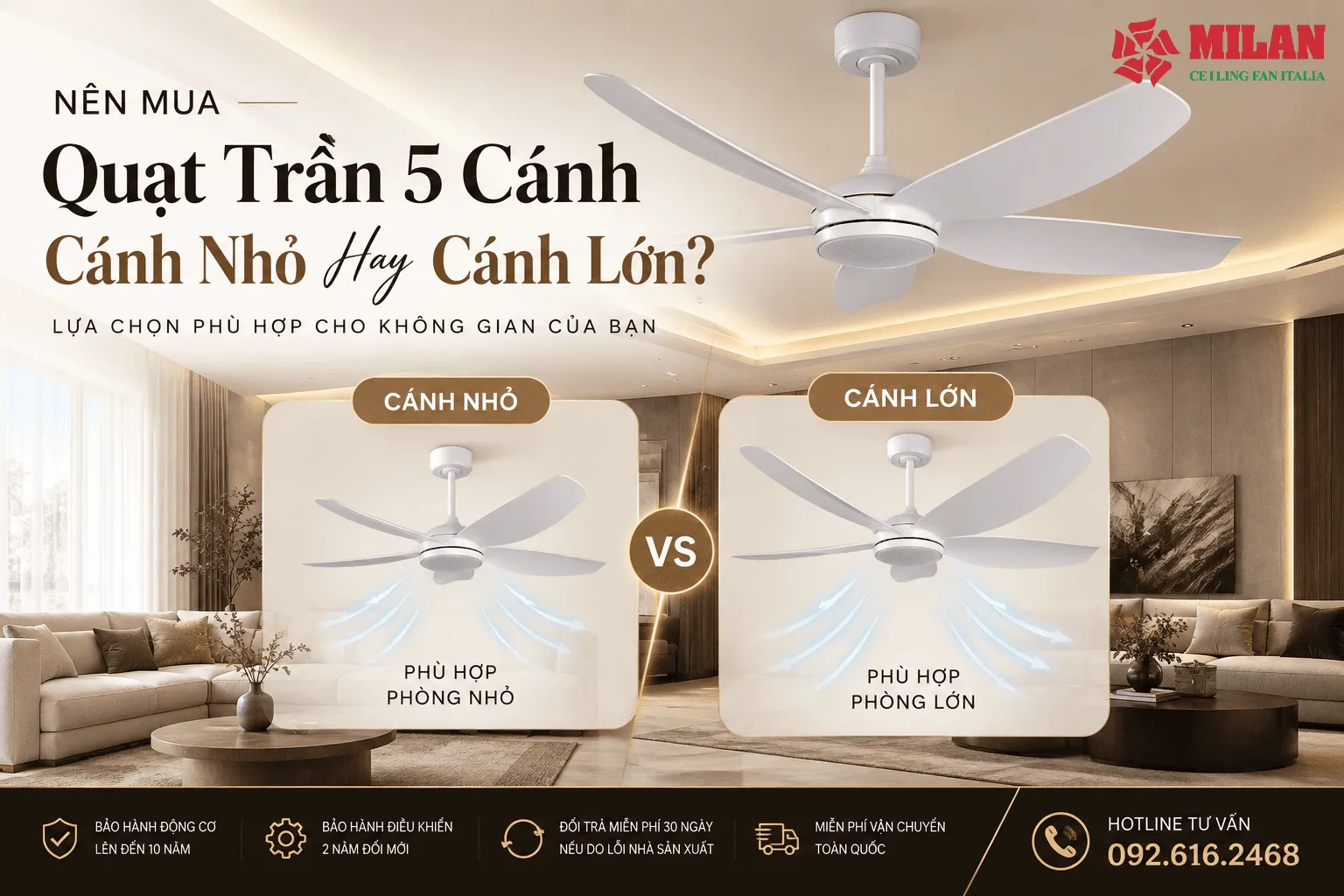 quạt trần 5 cánh nhỏ hay lớn